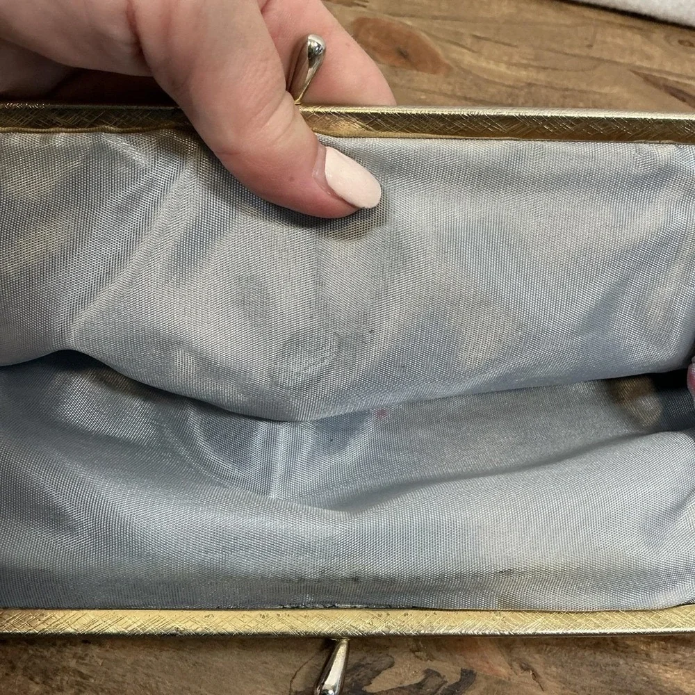 Vintage Black Satin Gold Toned Frame Clutch Handbag Evening Wedding Party Formal